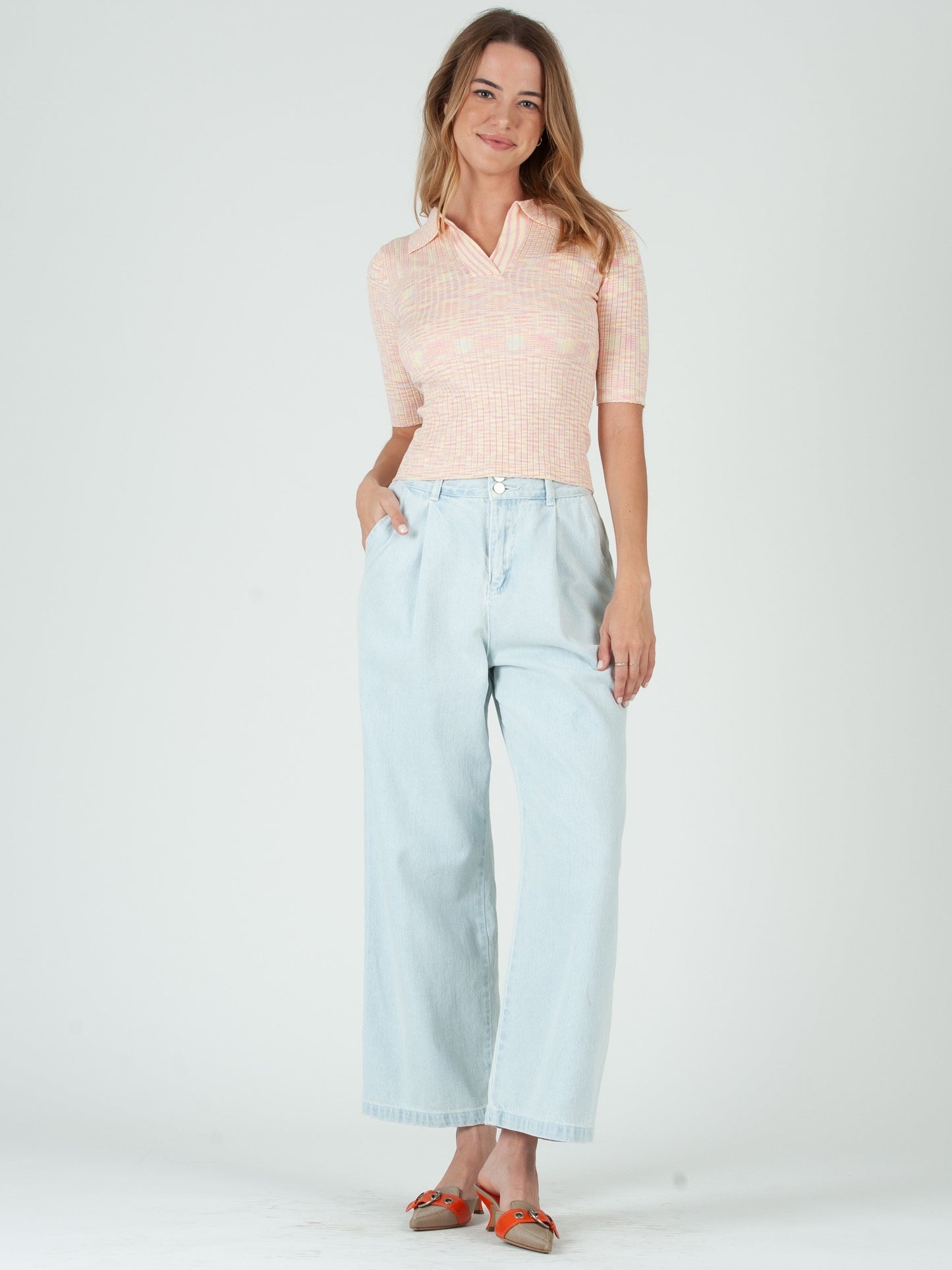 Women’s Marled Knot Collared Short Sleeve Sweater