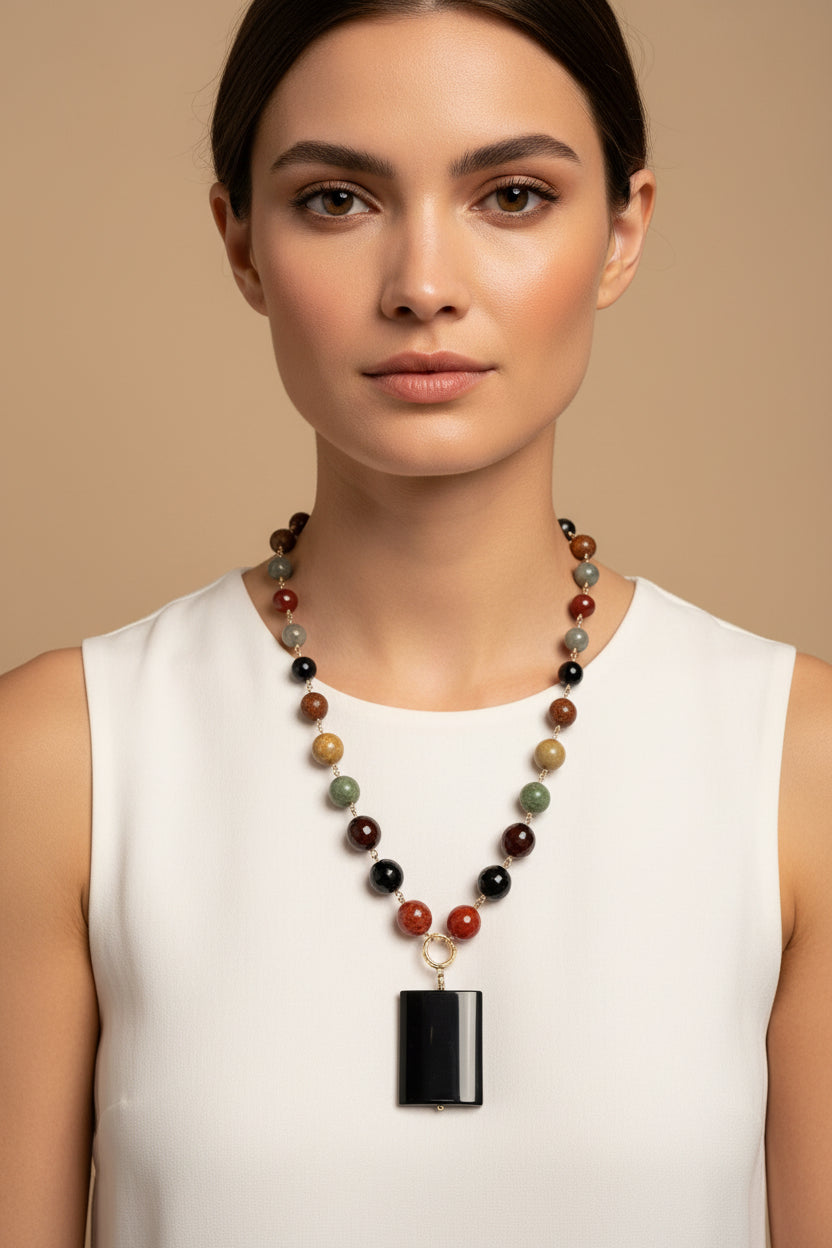 Women’s Multi Beaded Gem+ Onyx Charm Necklace