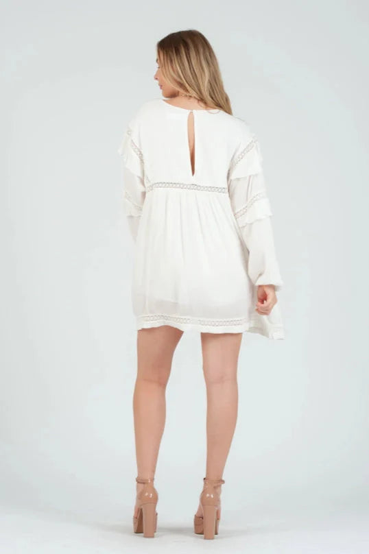 Women's Rayon White Mini Dress With Lace Inset Detail