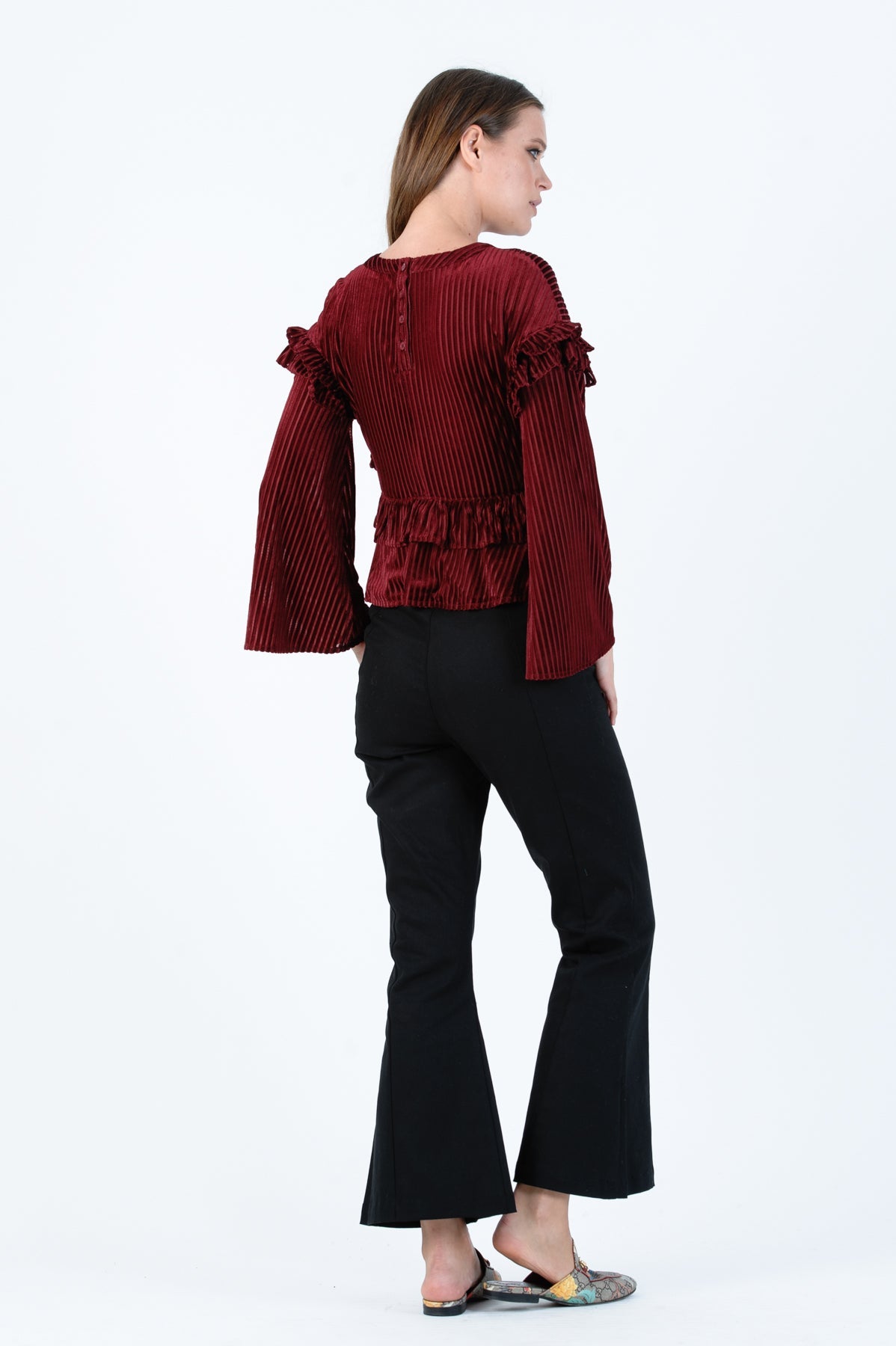 Women’s Velvet Ruffle Sleeve Blouse