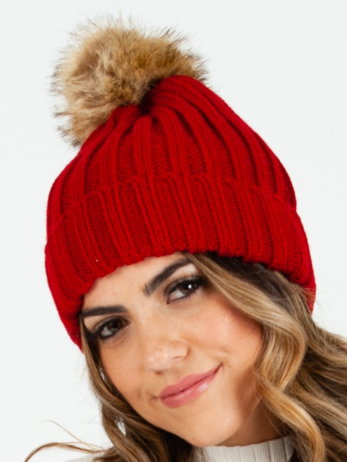 Women’s Ribbed Knit Beanie with Poms