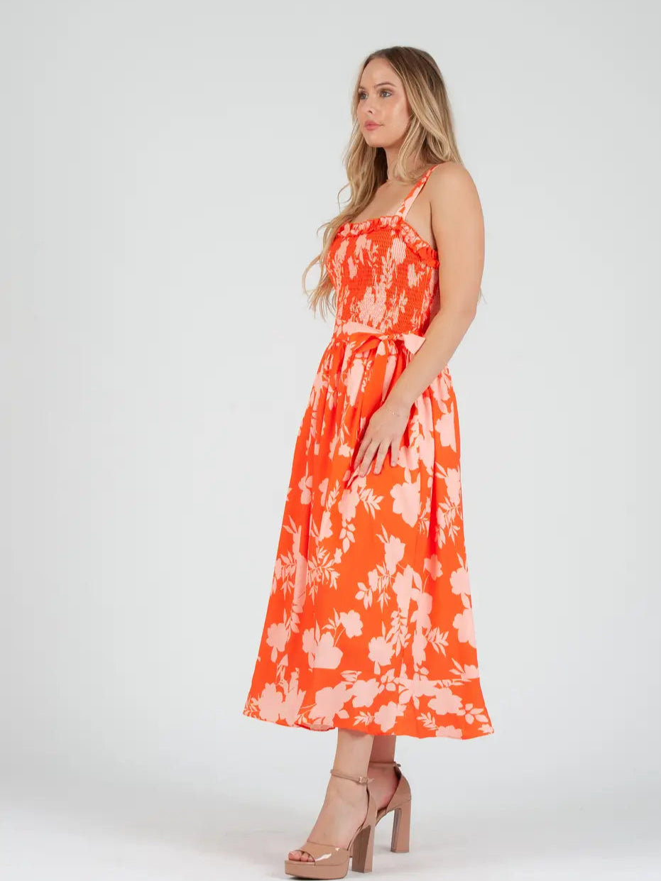 Women's Orange Floral Midi Smocked Dress