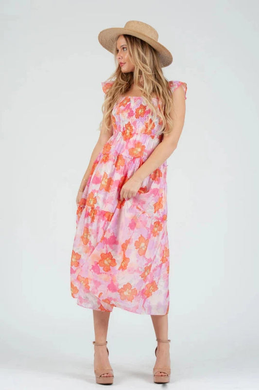 Women's Pink floral Print Smocked Midi Dress