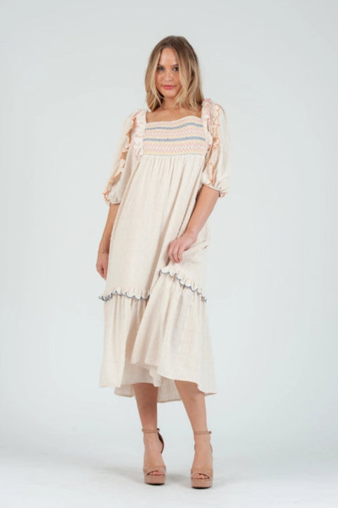 Women's Smocked Color Stitch Midi Dress