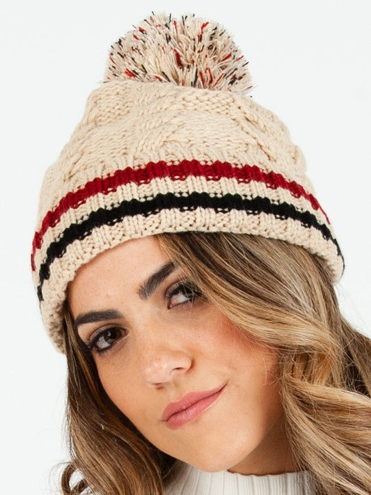 Women’s Fur Lined Varsity Striped Cable Knit Beanie with Poms