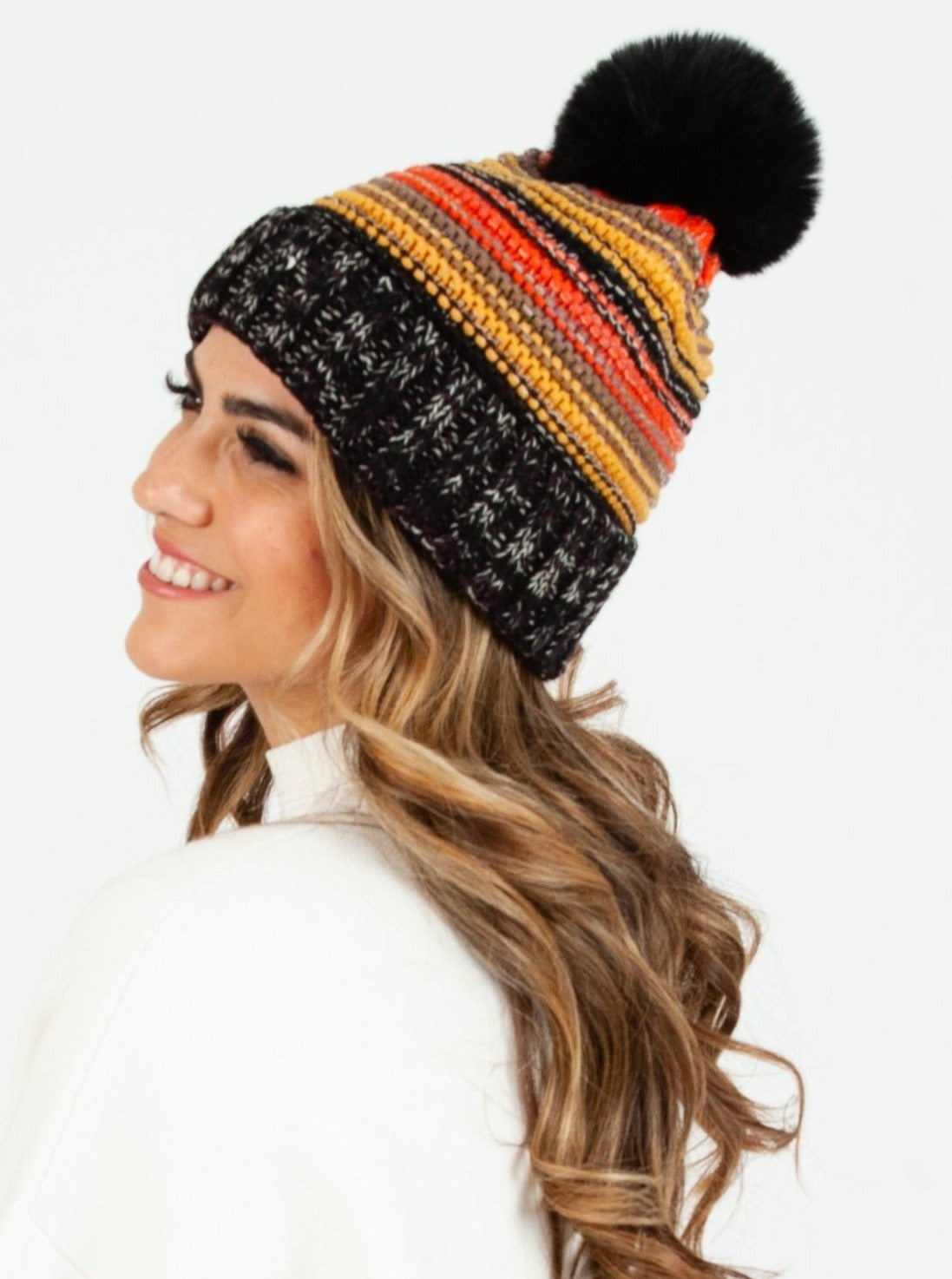 Women’s Fur Lined Striped Pom Beanie