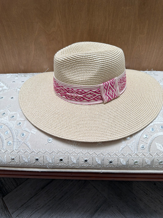 Women’s Custom Natural Raffia Sun Hat with Aztec Thread Ribbon