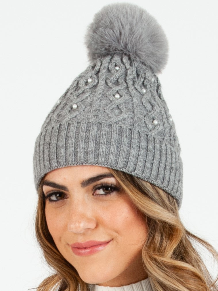 Women’s Knit Cable Beanie with Pearls