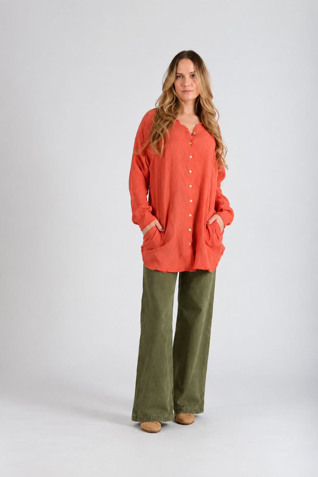 Women's Solid Double Gauze Button Down Tunic Top
