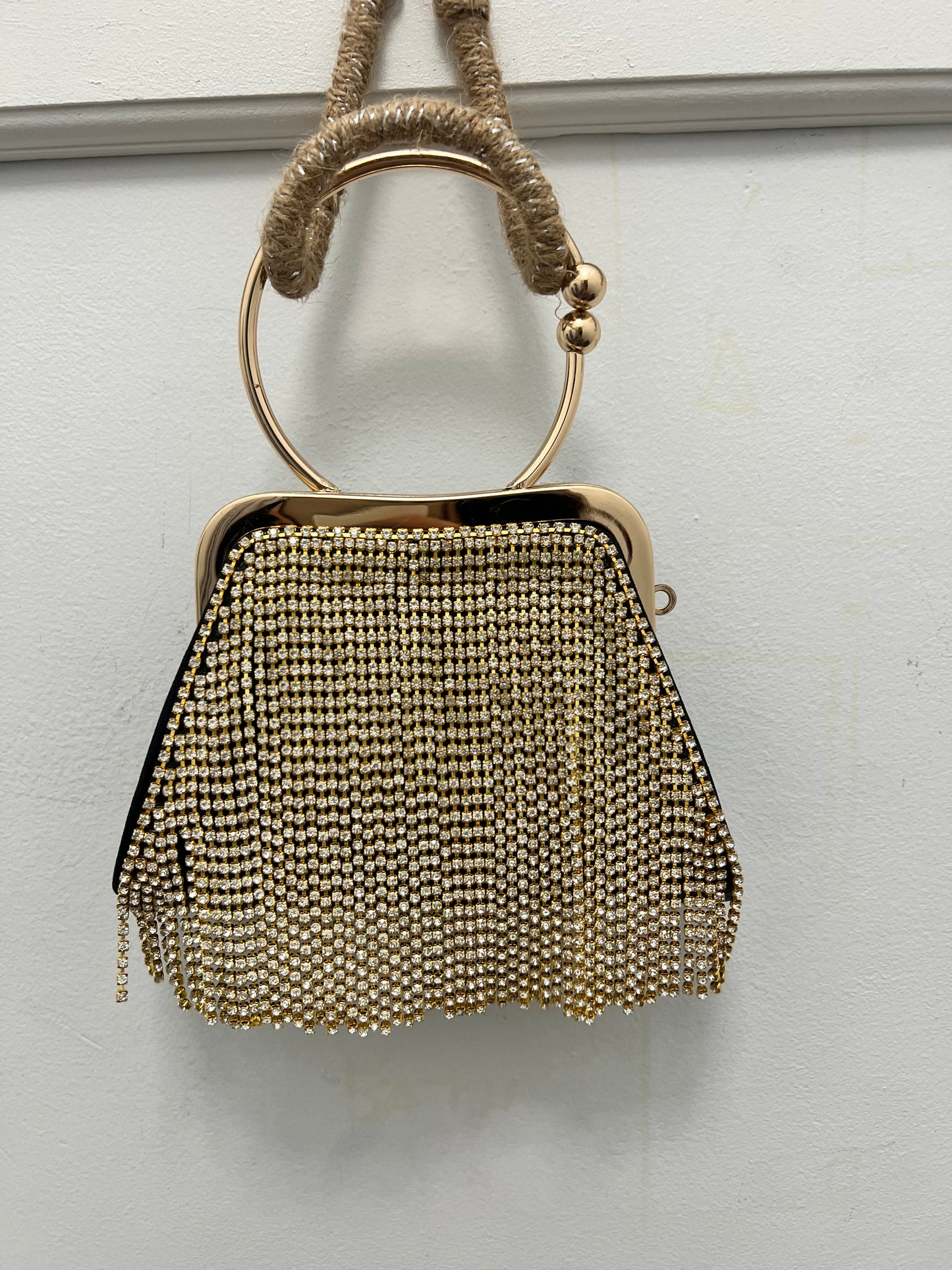 Women’s Gold Rhinestone Cascade Gold Ring Handle Clutch Bag