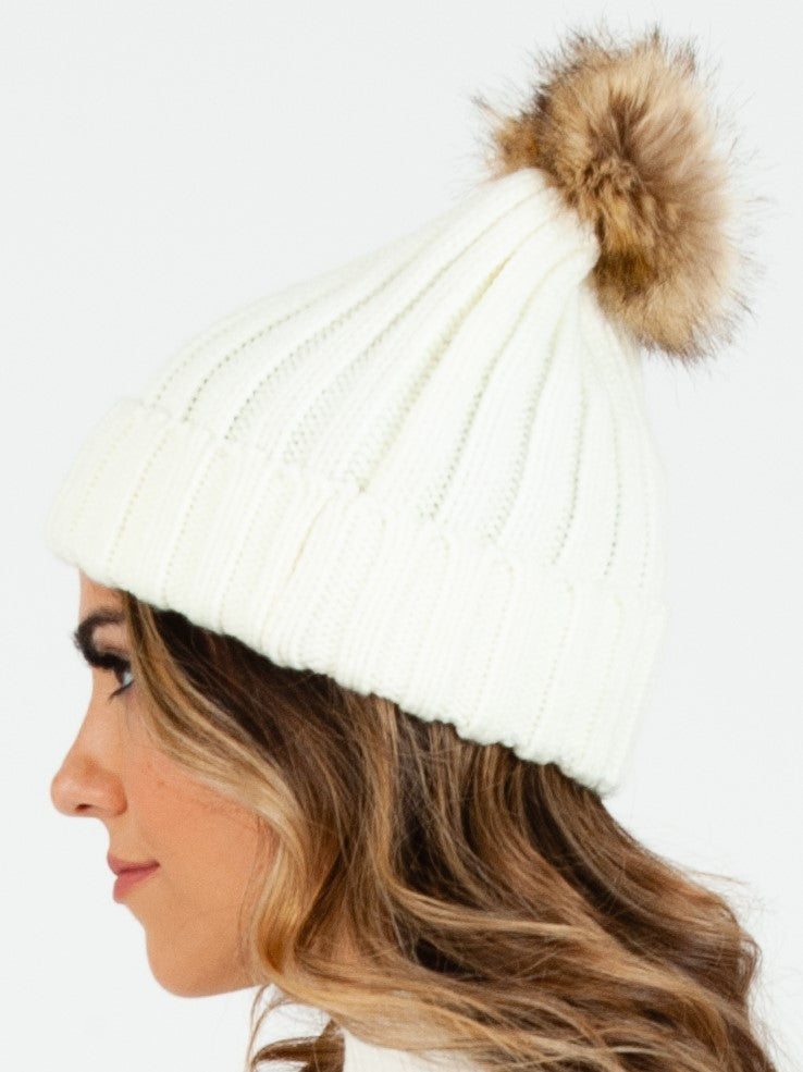 Women’s Ribbed Knit Beanie with Poms