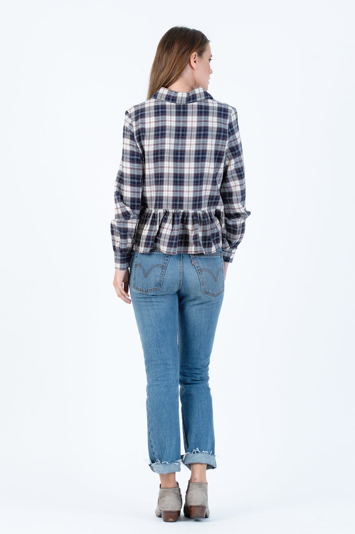 Women’s Navy Flannel Peplum Shirt