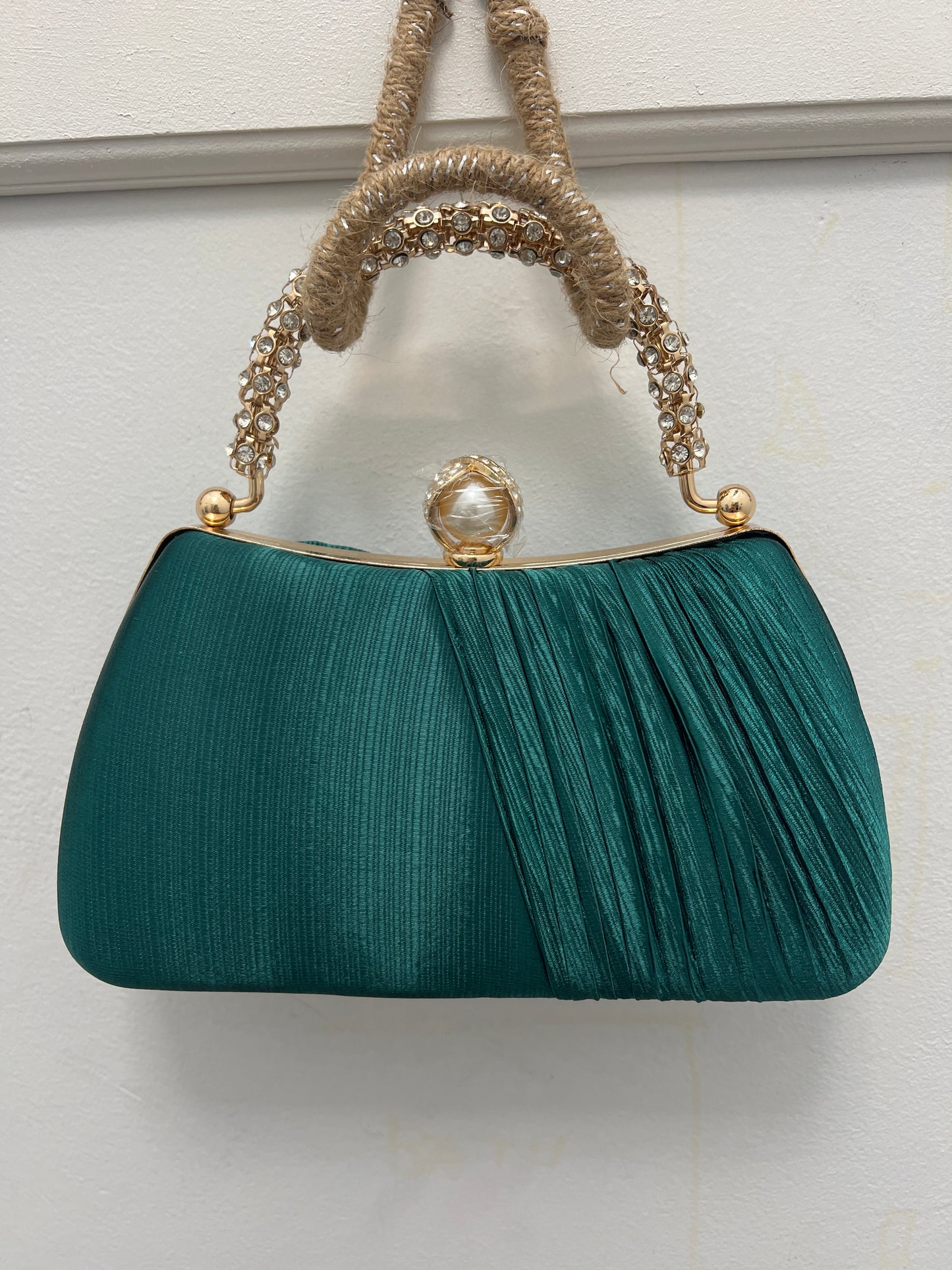 Women’s Satin Pleated Jewel Handle Clutch