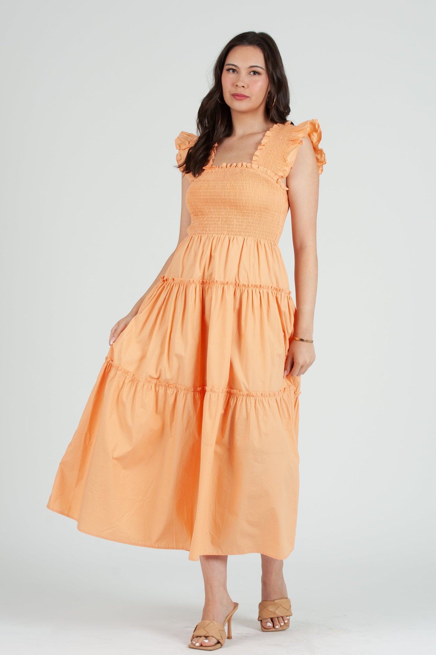 Women's Solid Woven Smocked Ruffle Strap Dress