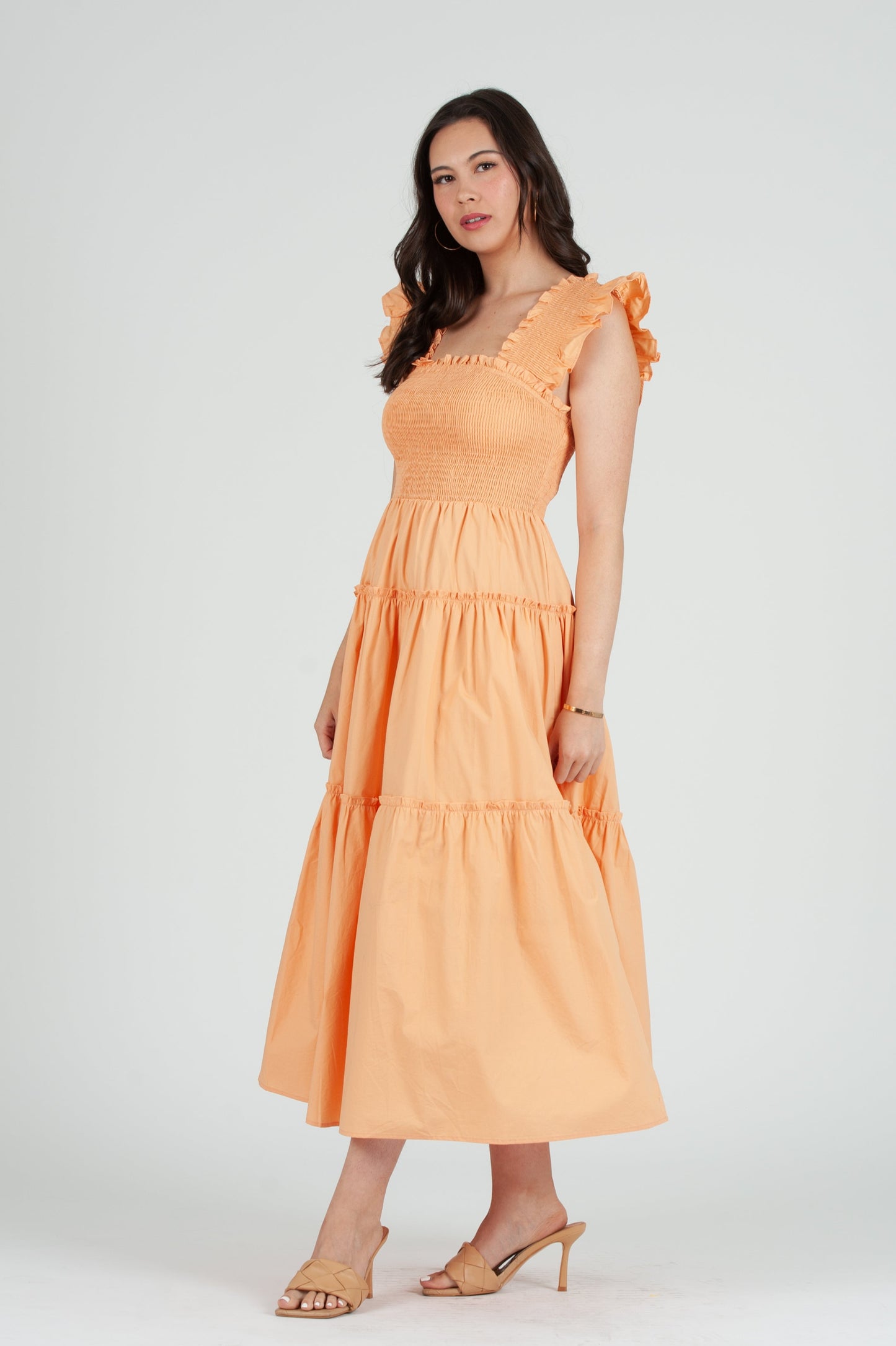Women's Solid Woven Smocked Ruffle Strap Dress