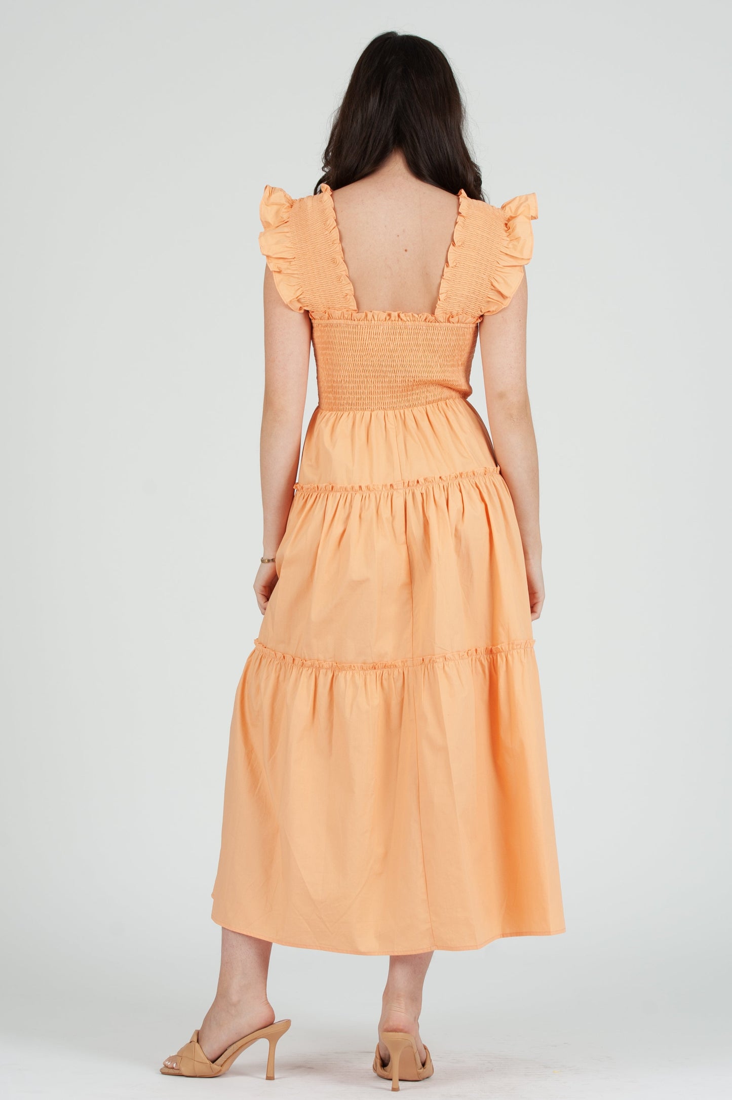 Women's Solid Woven Smocked Ruffle Strap Dress