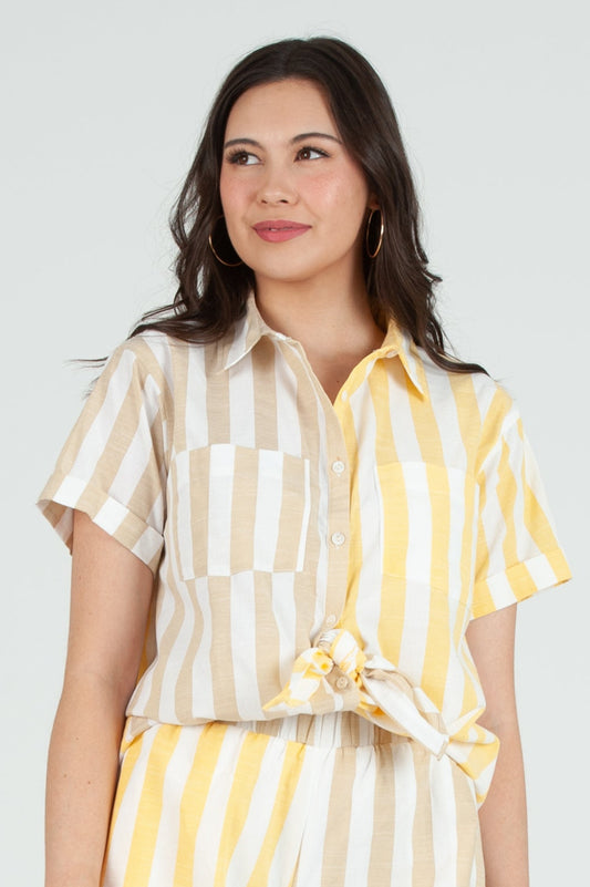 Women's Color Blocked Striped Button Down Short Sleeve Top