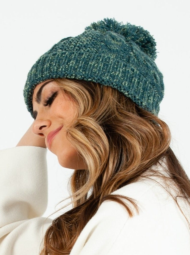 Women’s Marled Knit Cable Beanie with Poms