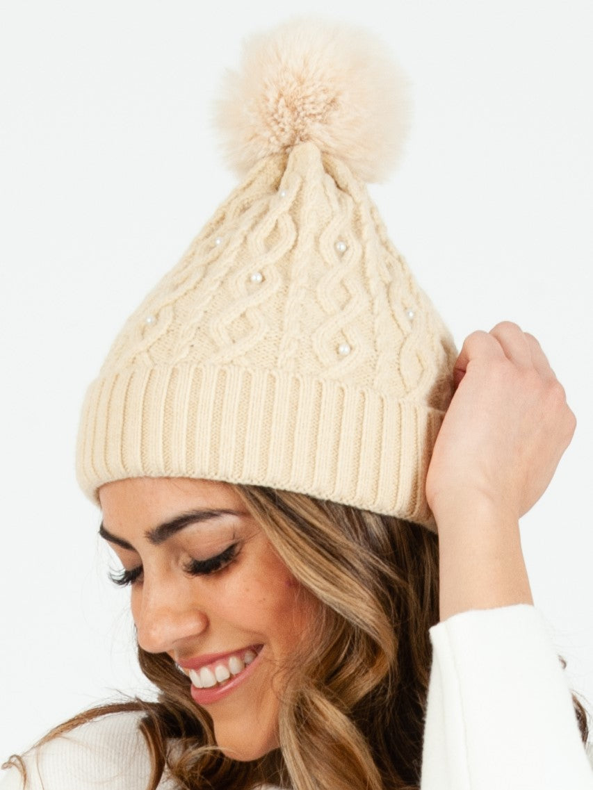 Women’s Knit Cable Beanie with Pearls