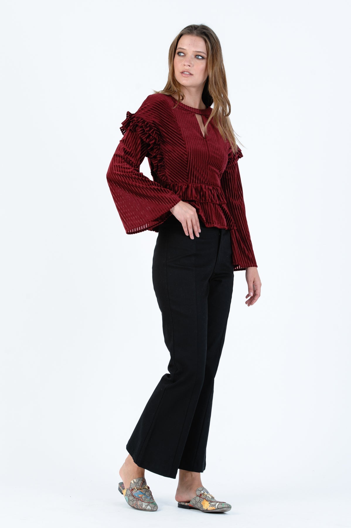 Women’s Velvet Ruffle Sleeve Blouse