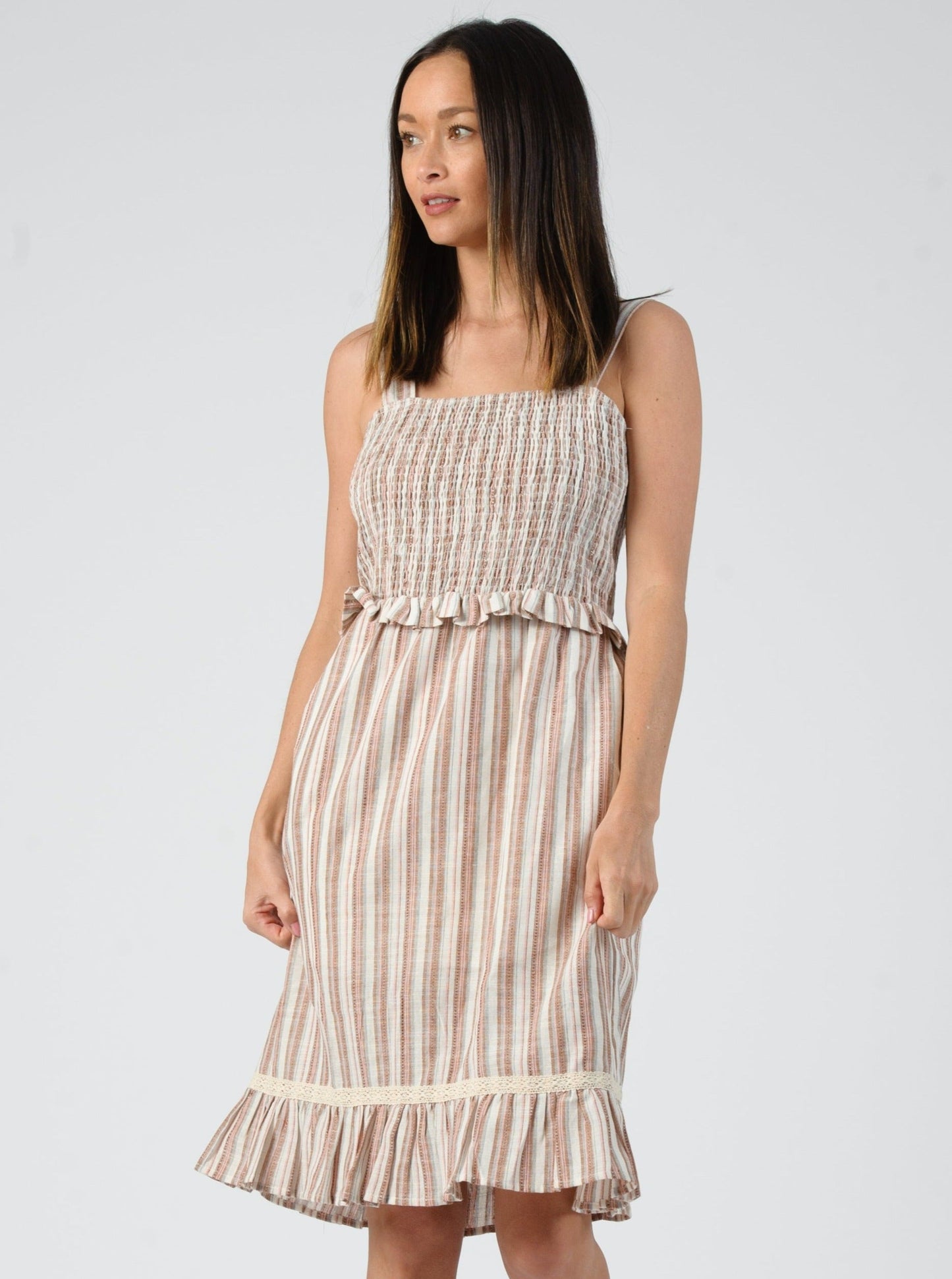 Women’s Striped Cotton Linen Smocked Dress
