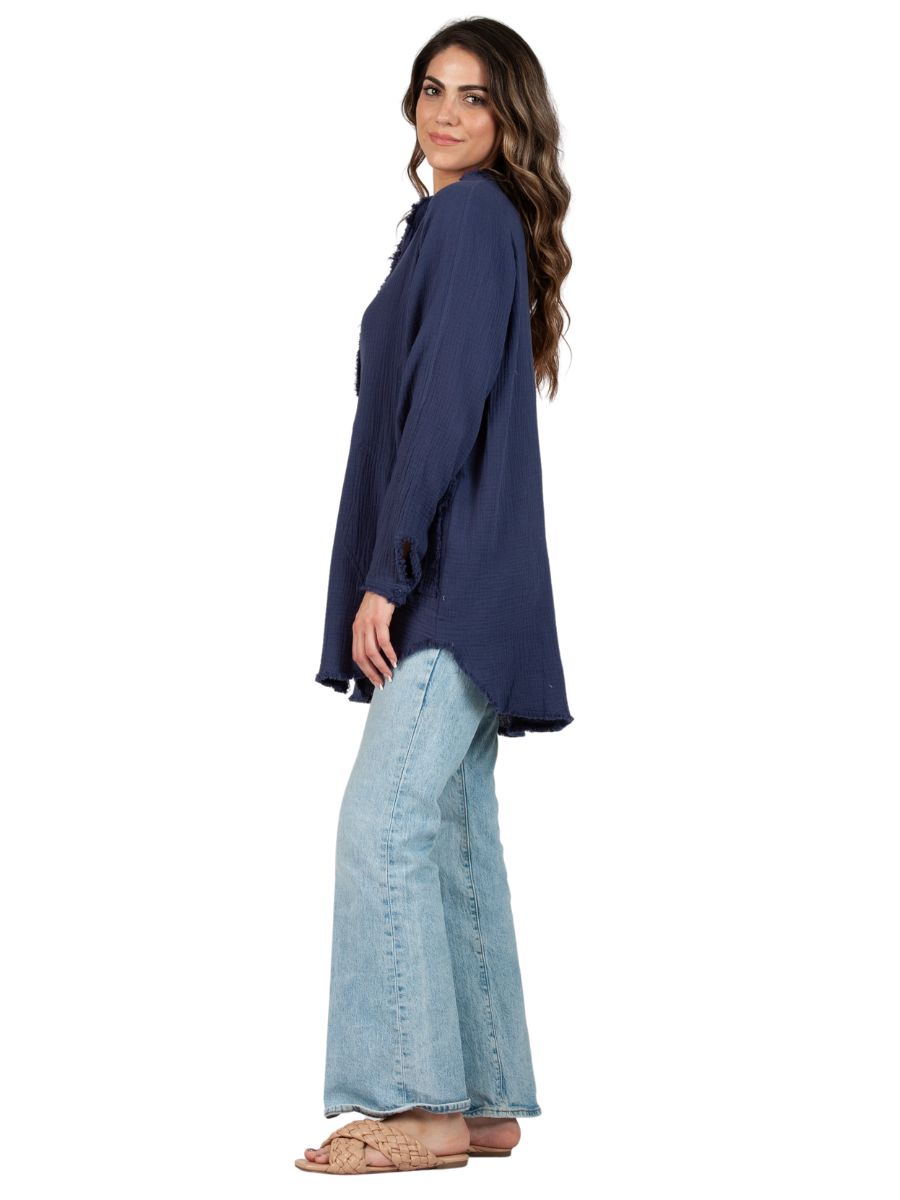 Women's Solid Double Gauze Button Down Tunic Top in Navy